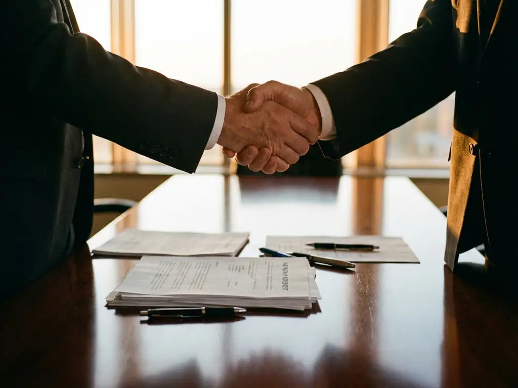 Two business executives shaking hands over conference table with contract documents, warm office lighting through windows.