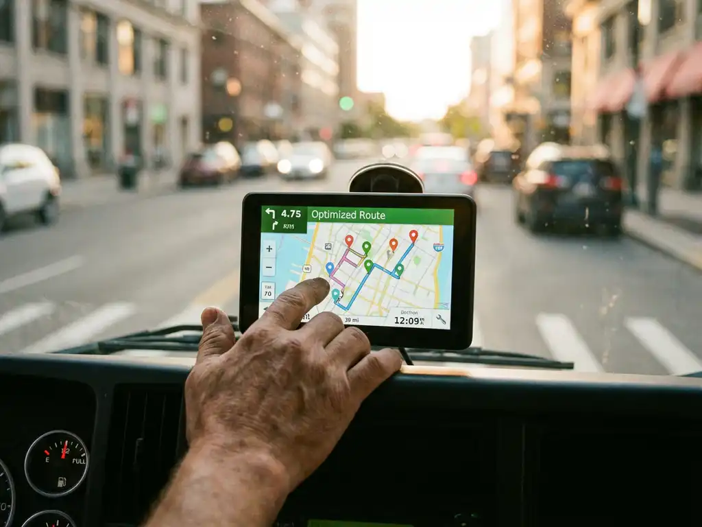 Delivery truck driver adjusting GPS navigation device on dashboard with multiple route pins and nearly full fuel gauge
