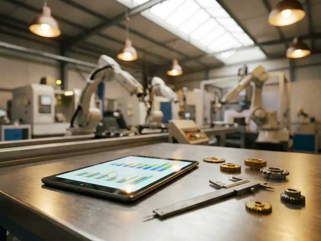 Digital tablet displaying productivity charts on metal workbench in modern factory with manufacturing equipment and tools