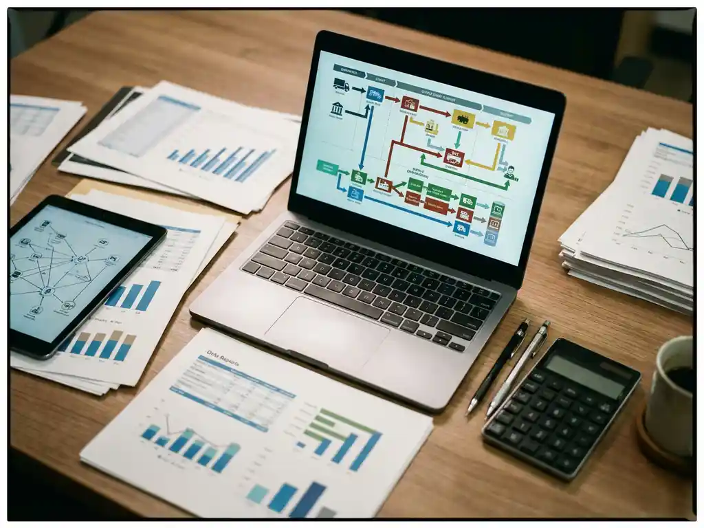 Professional analyst's desk with laptop displaying colorful supply chain flowcharts, surrounded by reports and charts.