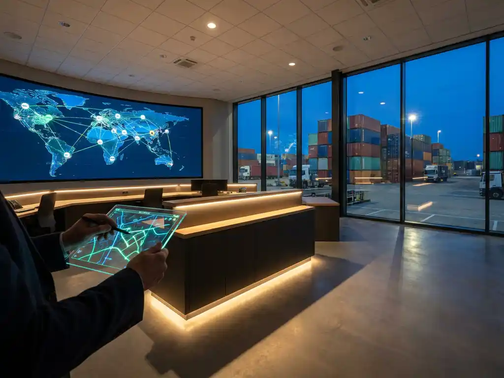 Logistics manager using tablet to optimize supply chain routes at modern warehouse control center with digital network map