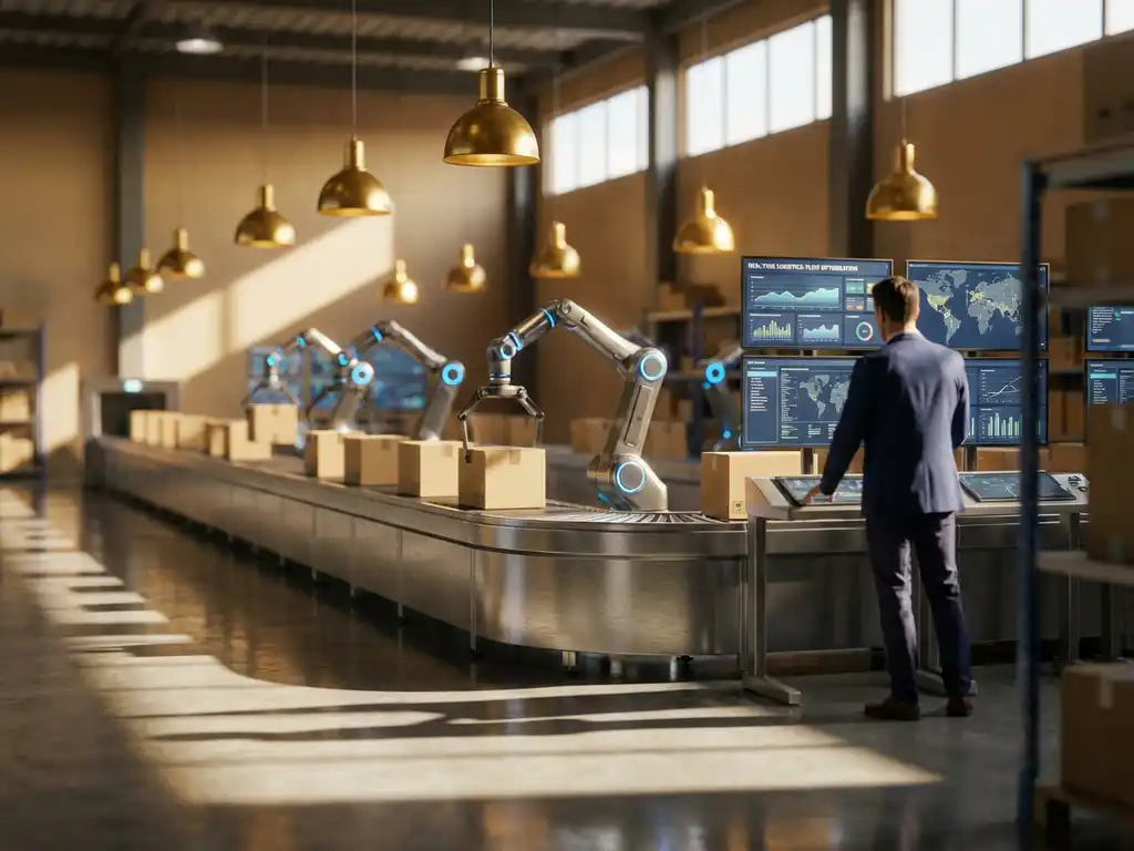 Modern warehouse with automated conveyor belt system, robotic arms placing packages, and supervisor monitoring logistics data screens