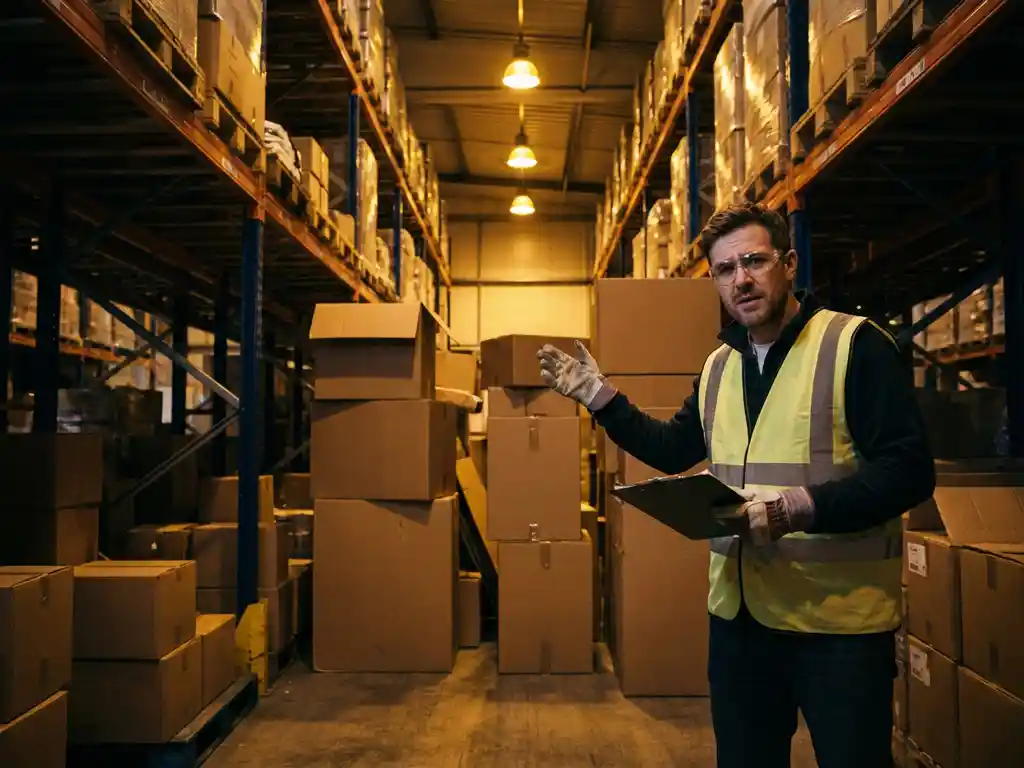 Warehouse worker with clipboard examining narrow passage blocked by stacked cardboard boxes between industrial shelving units.