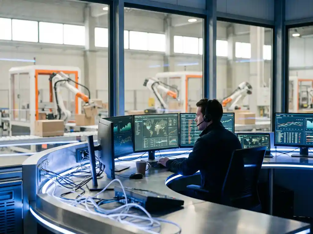 Person monitoring logistics data on multiple screens in modern warehouse control room with robotic arms moving packages