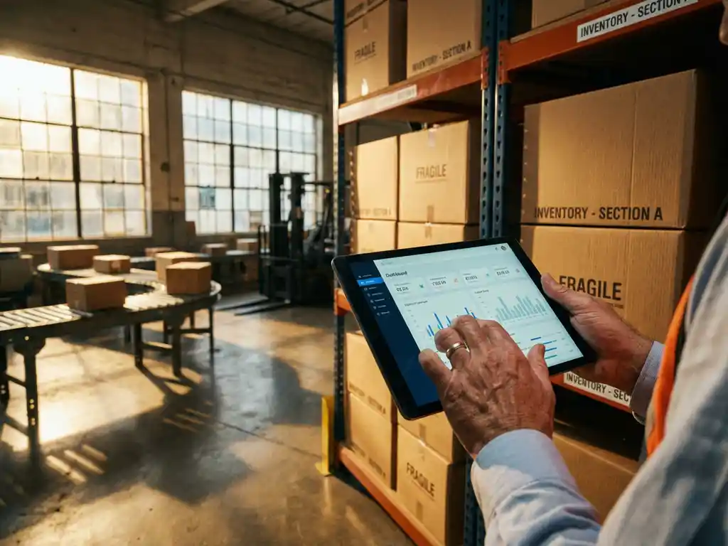 Warehouse manager using tablet to control digital inventory system beside organized shelves and automated conveyor belts
