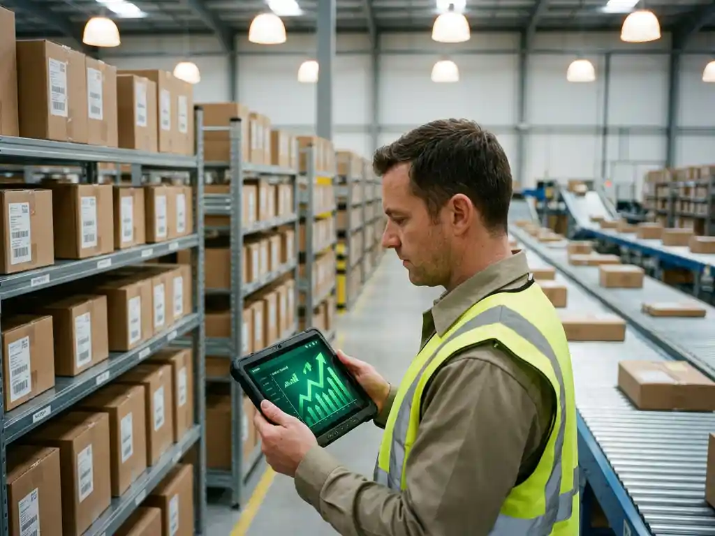 Warehouse manager reviewing performance dashboard on tablet showing upward trending charts in organized inventory facility