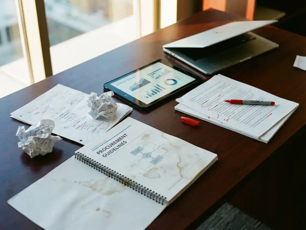 Cluttered mahogany desk with crumpled procurement documents, digital tablet showing supply chain analytics, and red pen marking contract errors