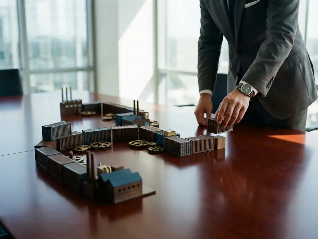 Businessman's hands placing final wooden block on supply chain timeline with shipping containers, factories, and distribution centers connected by brass chains on mahogany table