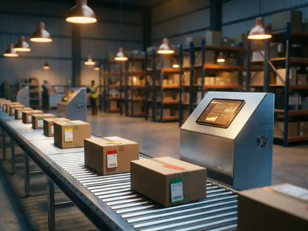 Warehouse conveyor belt with cardboard packages featuring colored efficiency tags, digital tablet showing analytics on steel control panel