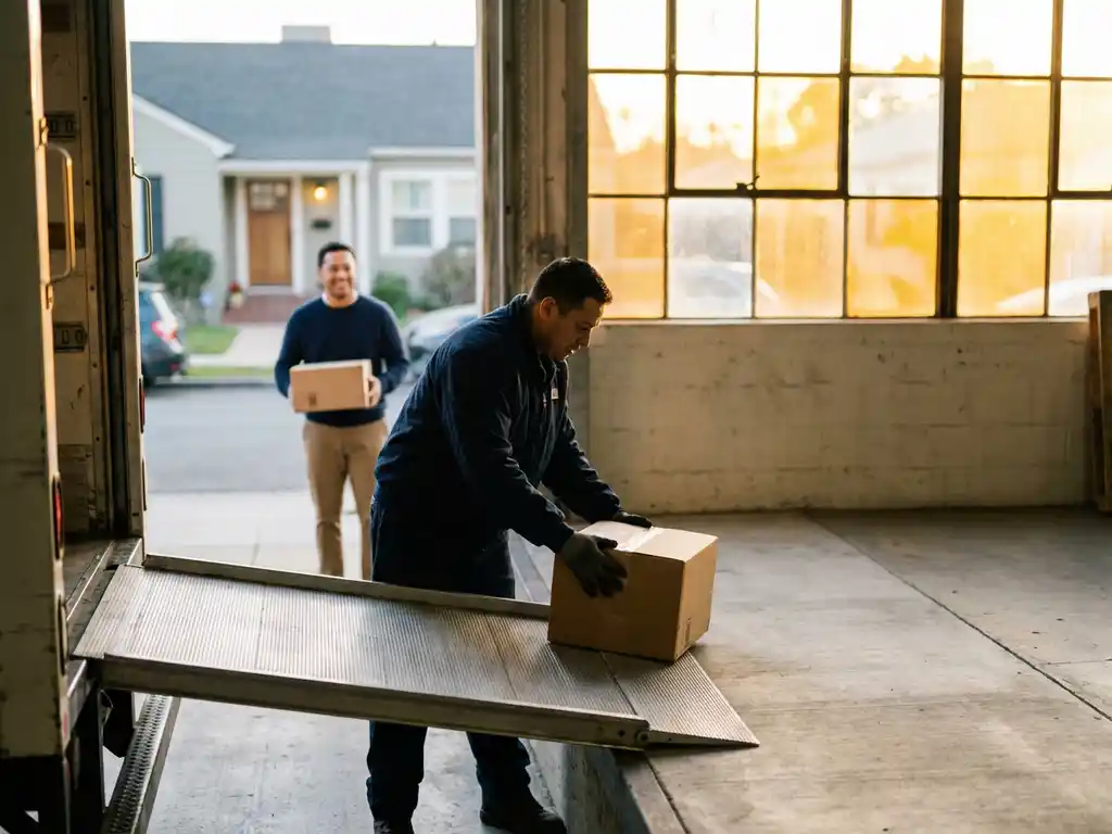 Warehouse worker loading packed box into delivery truck while customer receives package at doorstep, connected by concrete flooring in golden hour lighting
