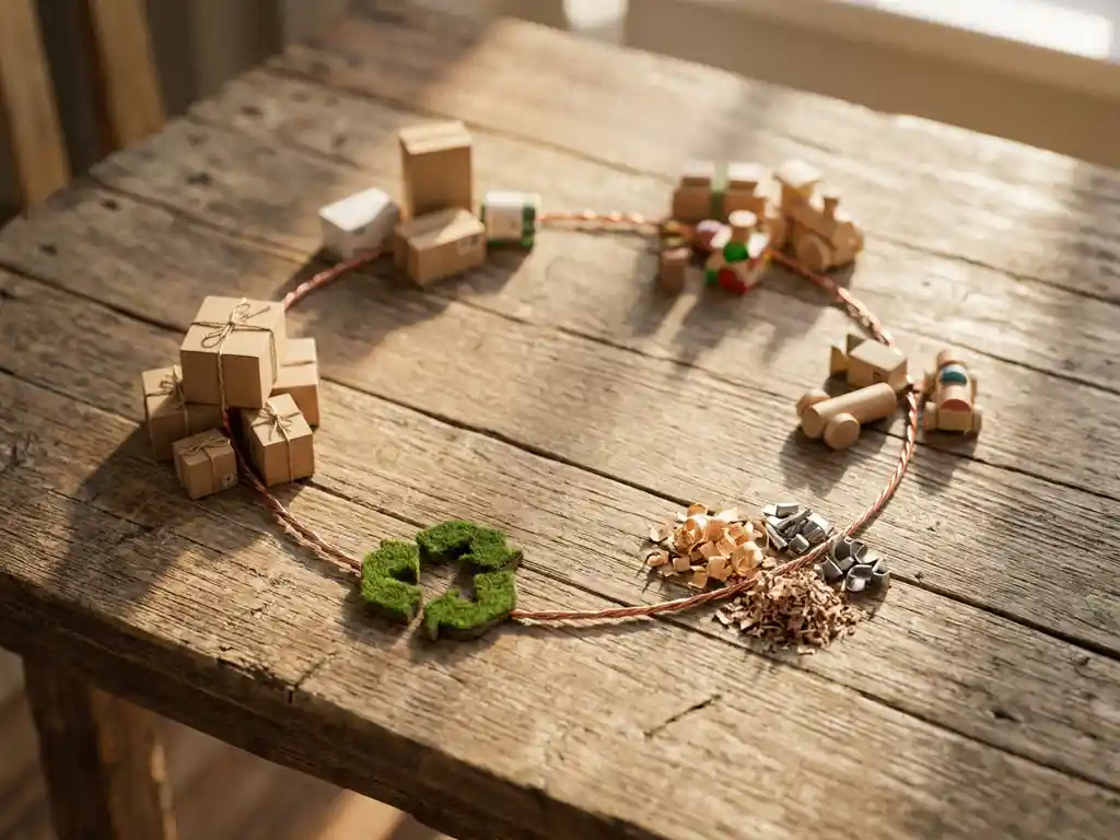 Miniature cardboard boxes, recycling symbol, and raw materials arranged in circular supply chain loop on weathered wooden table