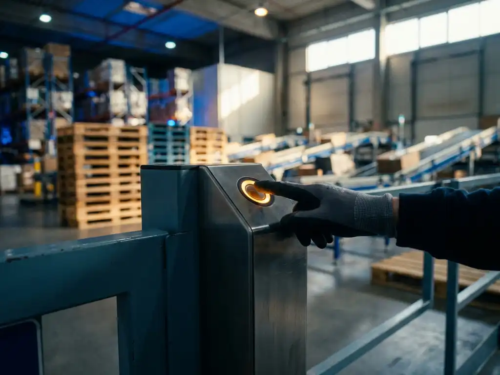 Fingerprint scanner with worker's finger hovering above glowing sensor at warehouse security gate, industrial facility with pallets visible in background
