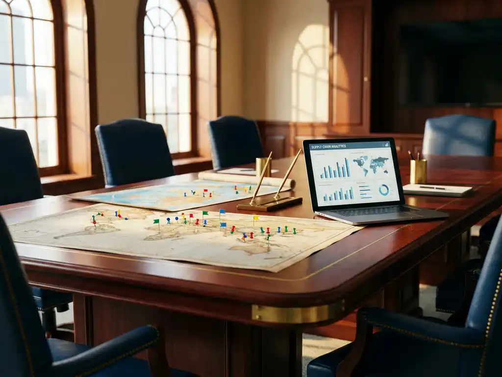 Wooden conference table with colorful world maps marked by pins showing global supplier locations, laptop displaying supply chain analytics in warm natural light