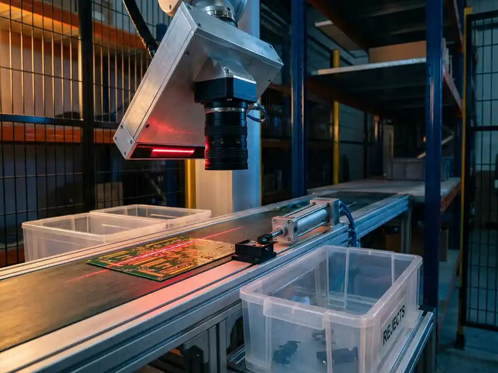 Industrial robotic arm with precision camera inspecting circuit boards on conveyor belt, red laser scanning golden traces