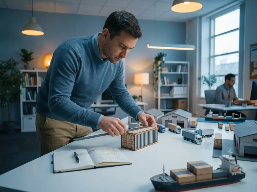 Supply chain analyst measuring a miniature logistics network of shipping containers, warehouses, and delivery vehicles on a white table.