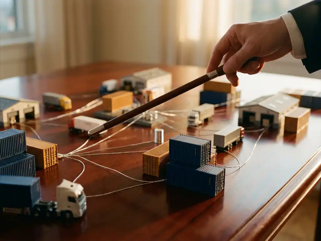 Conductor's baton directing miniature cargo containers, delivery trucks, and warehouses connected by silver data threads on mahogany surface