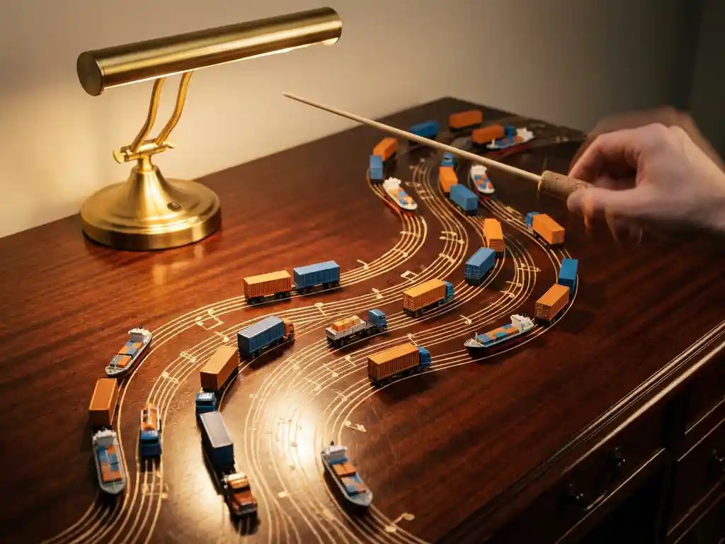 Conductor's baton directing miniature cargo containers, trucks, and ships in flowing patterns across mahogany desk under warm lamp