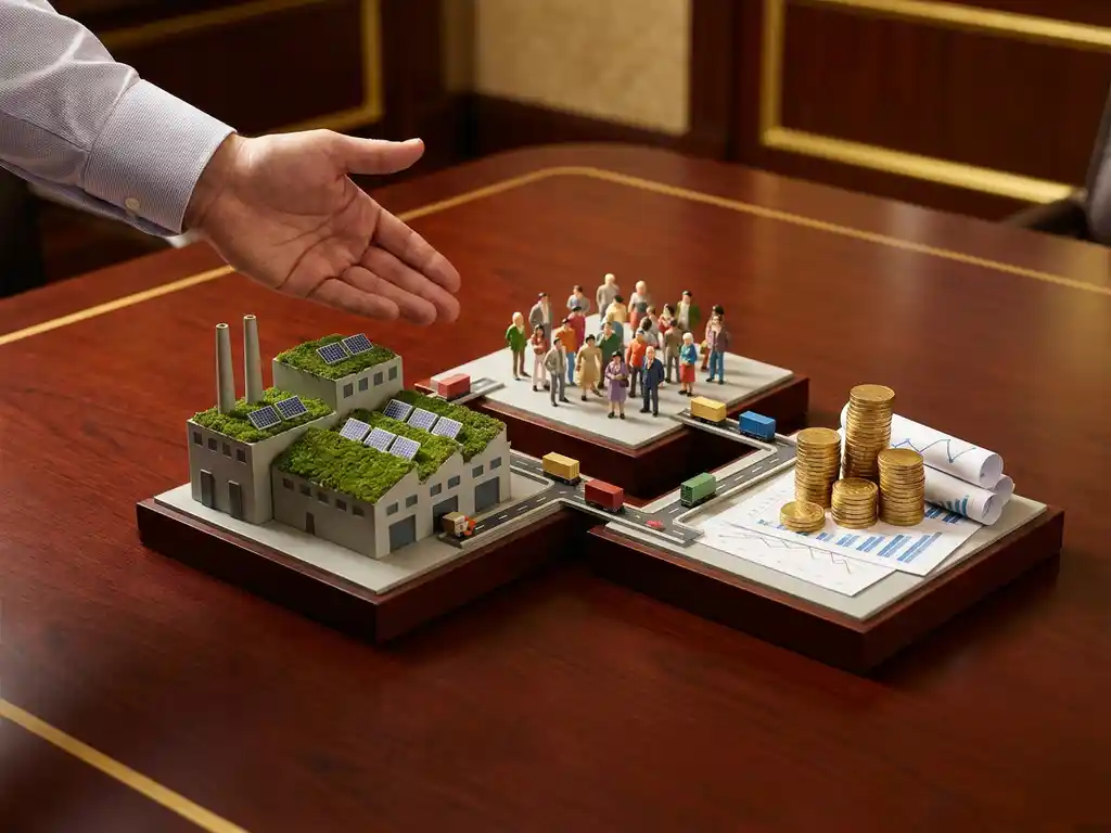 Wooden boardroom table with three sustainability models: miniature green-roofed factory, diverse community figurines, and golden coins with financial charts connected by tiny cargo containers