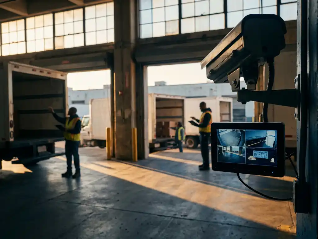 Warehouse loading dock with delivery trucks at concrete bays, overhead security cameras monitoring operations, workers using tablets