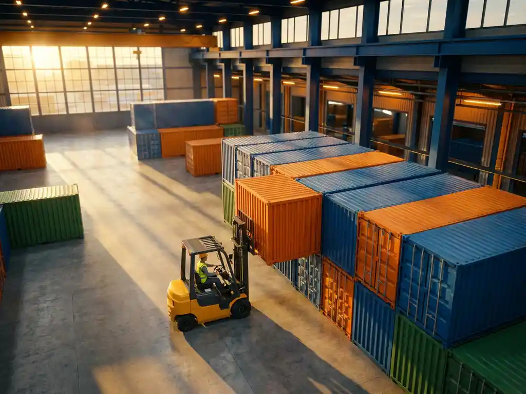 Warehouse manager operating forklift to stack colorful shipping containers in organized rows, aerial view of modern industrial facility with golden hour lighting