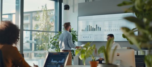 Hightech business meeting with data analysis and strategic discussions in a modern office.